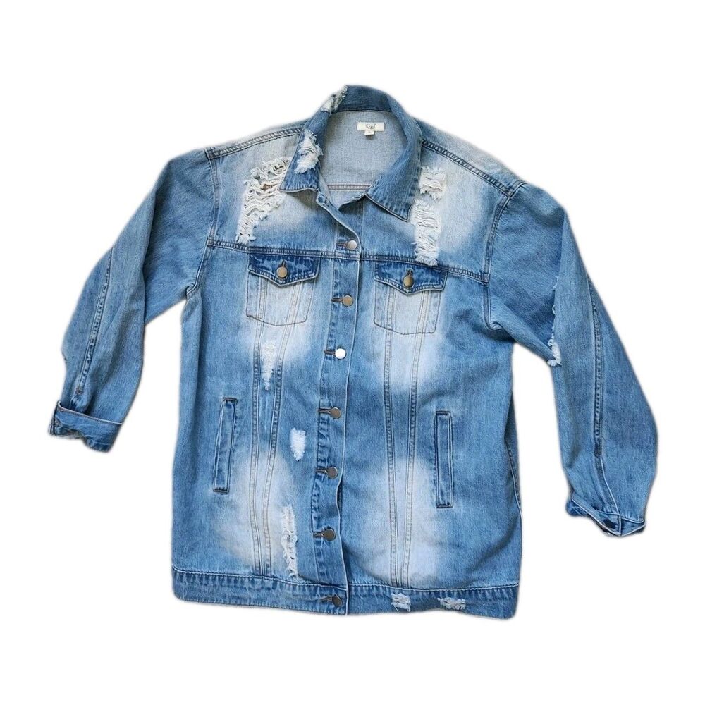 Easel Denim Jacket Womens L Distressed Light Wash Button Front Trucker Jean EUC